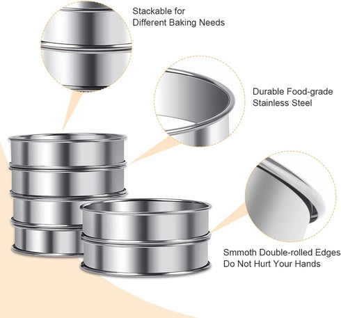 6pcs Double Rolled Stainless Steel 3.15inch English Muffin Rings for Cooking