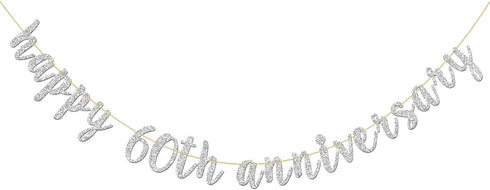 Glitter Silver Happy 60th Anniversary Banner - Sixty Sign for Birthday and Wedding Party Bunting Decoration