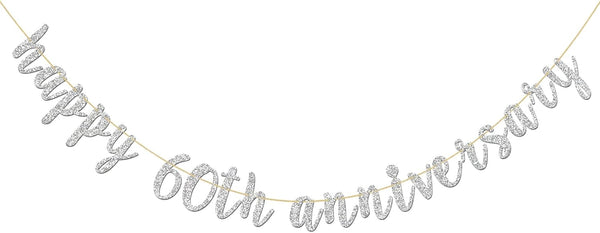 Glitter Silver Happy 60th Anniversary Banner - Sixty Sign for Birthday and Wedding Party Bunting Decoration