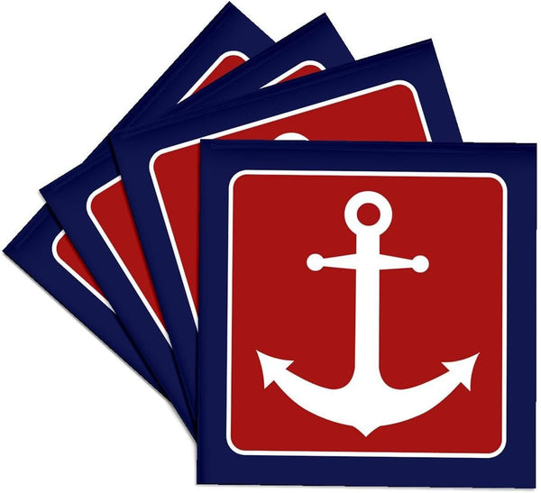 3dRose cst_165796_3 Nautical Anchor Design Ceramic Tile Coasters, Set of 4, Red White and Blue