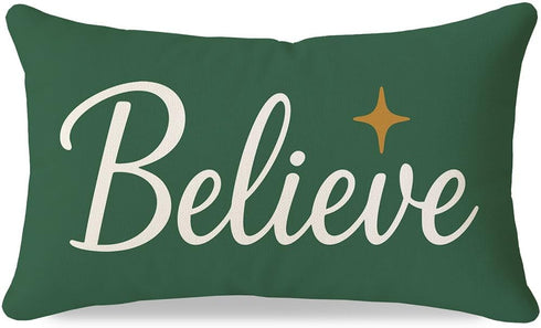 Christmas Throw Pillow Cover 12x20 Inch, Forest Green Believe Christmas Decor, Outdoor