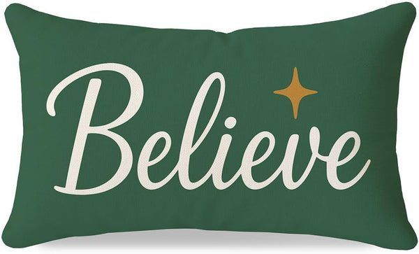 Christmas Throw Pillow Cover 12x20 Inch, Forest Green Believe Christmas Decor, Outdoor