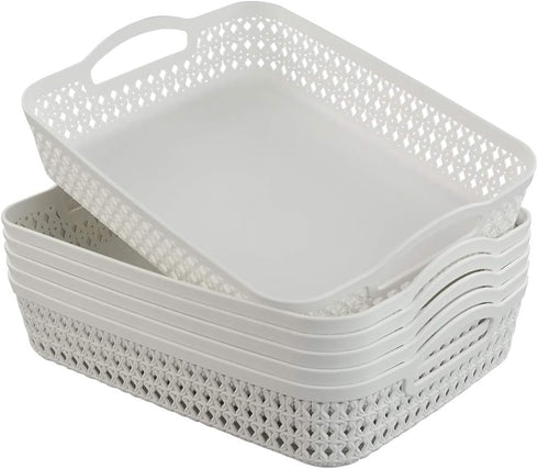 White Plastic Storage Basket Tray, Large Pack of 6