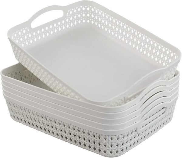 White Plastic Storage Basket Tray, Large Pack of 6