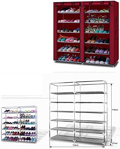 Acedas 36-Pairs Portable Shoe Rack Double Row Shoe Storage Organizer Cabinet Tower with Dustproof Cover (Wine Red)