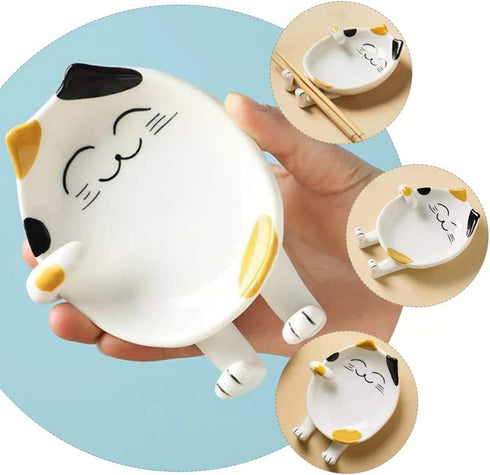 Ceramic Spoon Rest for Kitchen, Cute Cat Shape Utensil Holder, Ladle Rest for Kitchen Counter & Stove Top - Yellow