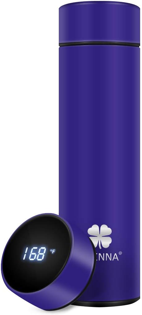 Insulated Coffee & Tea Infuser Bottle with LED Temperature Display, Double Wall Vacuum, Stay Hot for 24 Hrs (Blue)