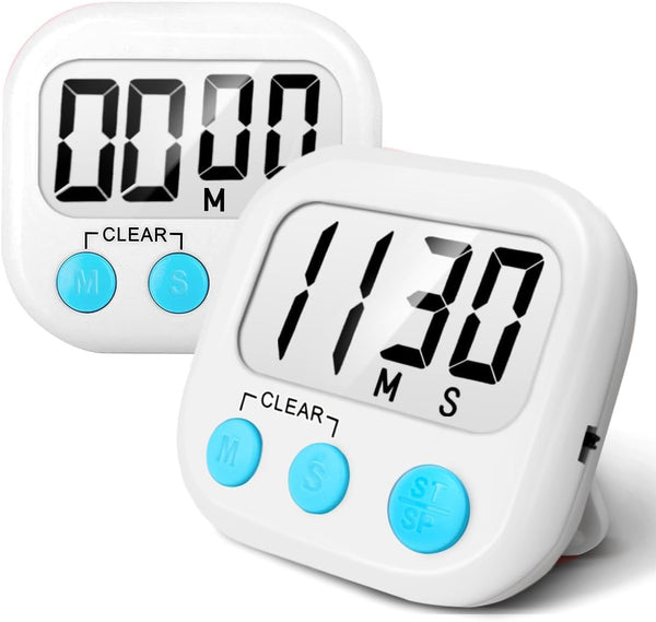 2 Pack Digital Kitchen Timer for Cooking, Big Digits Loud Alarm, Magnetic Backing Stand for Baking, White