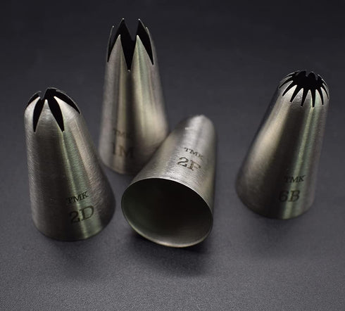 4 Pack Stainless Steel Seamless Piping Icing Tips #1M, 2D, 2F, 6B, Large Nozzle Cake Decorating Tools for Bakers