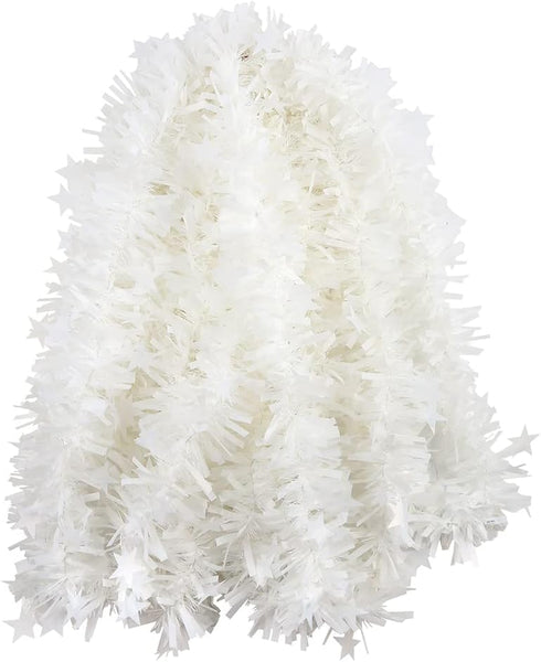 CCINEE 33FT Christmas Tinsel Garland, White Metallic Twist Garland with Star for Tree Wedding Party Decoration