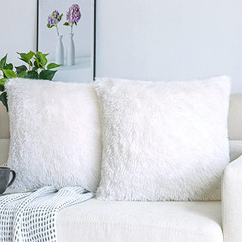 NordECO HOME Luxury Soft Faux Fur Fleece Cushion Cover Pillowcase, 16" x 16" Inch, White, 2 Pack