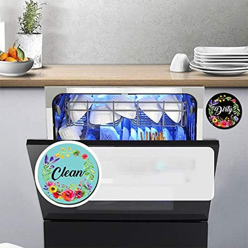 Dishwasher Magnet Clean Dirty Sign Indicator, Double Sided Kitchen Magnet with Magnetic Plate, Reversible Flower Wreath