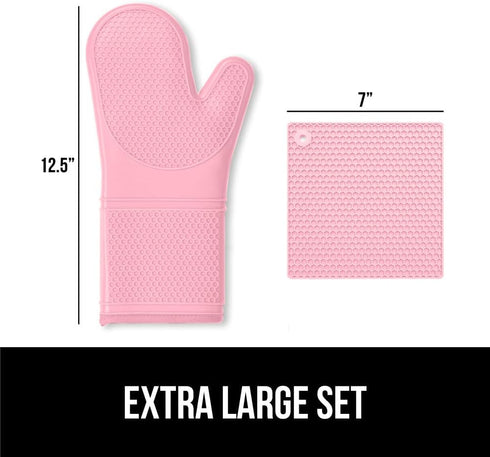 Gorilla Grip Heat and Slip Resistant 4 Piece Silicone Oven Mitt and Trivets Set, Waterproof, Cotton Lined, Pink