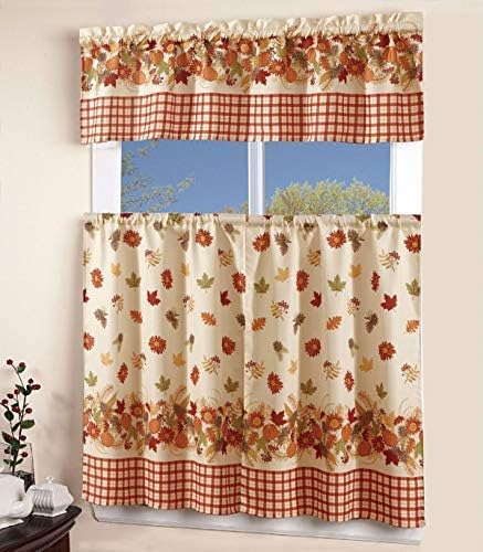 LinenTopia 3pc Kitchen Curtain Set with 2 Tiers 36" L x 27" W and 1 Tailored Valance 15" L x 54" W, Autumn Vineyard