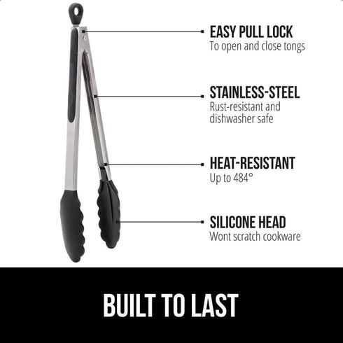 Gorilla Grip Stainless Steel Heat Resistant BBQ Kitchen Tongs Set of 2, Non Scratch Silicone Tip for Nonstick Cooking Pans, Strong Grip for Grabbing Food, Air fryer, Pull Lock, 9 and 12 Inch, Black by Gorilla Grip