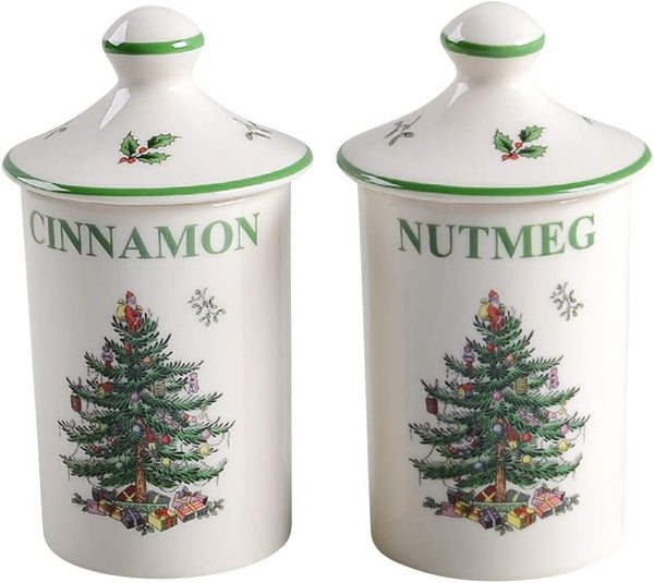 Spode Christmas Tree Spice Jars - Set of 2 Porcelain Jars for Cinnamon & Nutmeg, 4.5 Inch Kitchen Decor