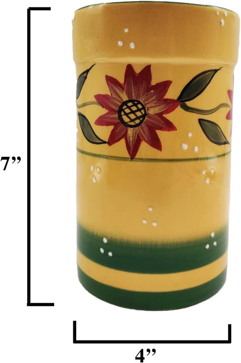 Country Sunflower Hand Painted Ceramic Utensil Jar, Wooden Tool Holder, Modern Kitchen Decor for Spoons and More.