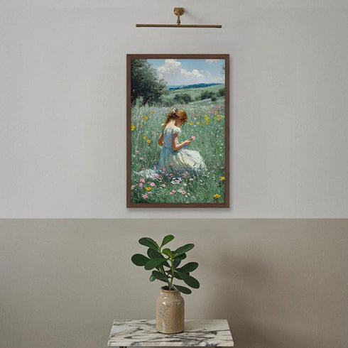 16x24 Inches Framed Girl in Wildflower Meadow Wall Art Impressionist Oil Painting Print on Canvas, Pastoral Nature