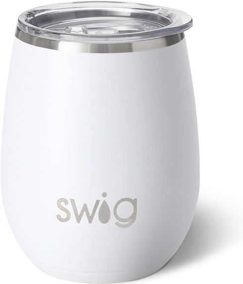 Swig Life 14oz Stemless Wine Cup - Insulated Wine Tumbler with Lid, Stainless Steel Travel Tumbler (White)
