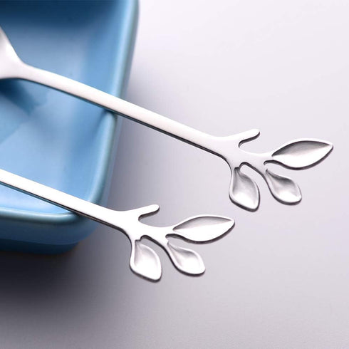 AnSaw 8-Pieces 4.7-Inch Small Coffee Spoons with Leaf Handle (Silver)
