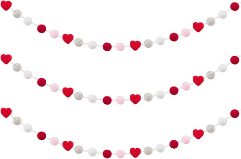 3 Pcs Felt Ball Heart Garlands, Hanging Ornaments for Anniversary, Wedding, Party Decor, Grey White Red
