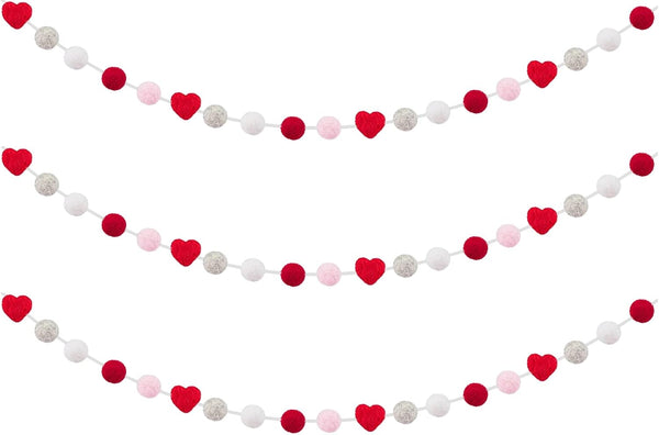 3 Pcs Felt Ball Heart Garlands, Hanging Ornaments for Anniversary, Wedding, Party Decor, Grey White Red