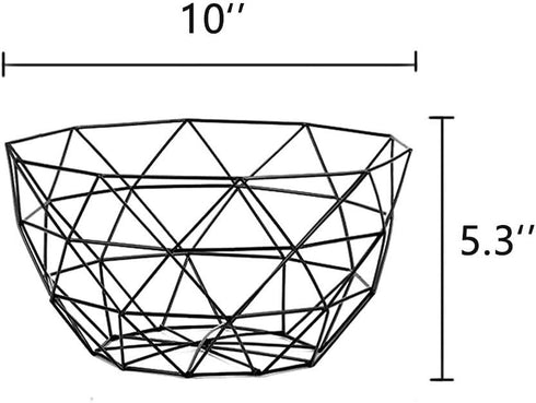 Geometric Metal Wire Fruit Bowl, Iron Arts Fruit Storage Basket for Kitchen Counter (Black, Large)