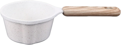 Kitchen Aluminum Nonstick Sauce Frying Pan with Wooden Handle and Pour Spouts for Heating, Boiling, Frying (White)