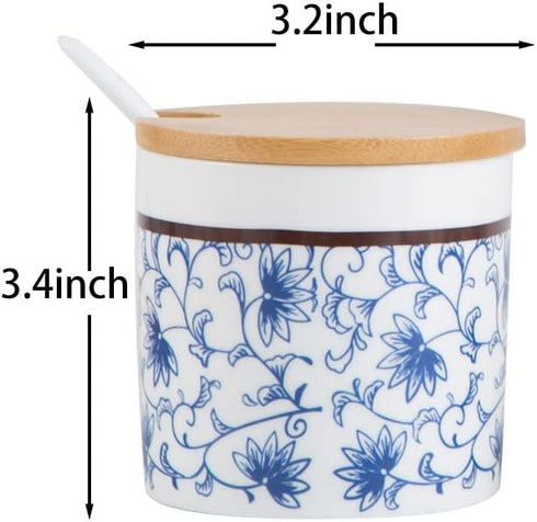 123Arts Ceramic Sugar Bowl Retro Blue and White Storage Jar with Wooden Lid and Spoon