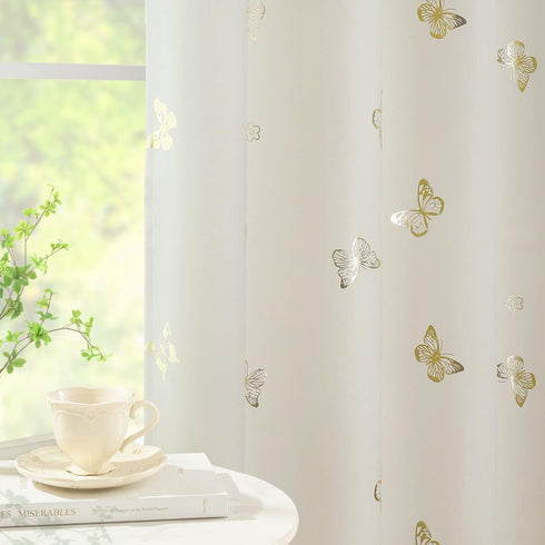 Jubilantex Ivory Gold Butterfly Blackout Curtains with Black Layer Thermal Insulated Window