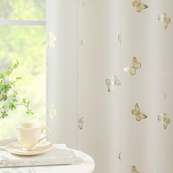 Jubilantex Ivory Gold Butterfly Blackout Curtains with Black Layer Thermal Insulated Window