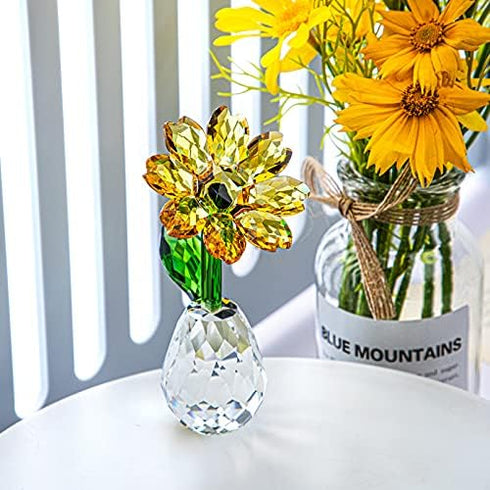 Qf QFkris Crystal Sunflower Figurine, Table Crystal Flower Collectible Ornament, Souvenir Gift