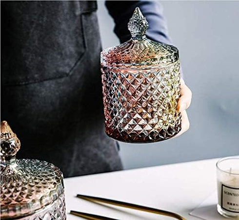 1PCS 300ml/10oz Empty Cylindrical Diamond Crystal Glass Candy Dish, Storage Container with Caps