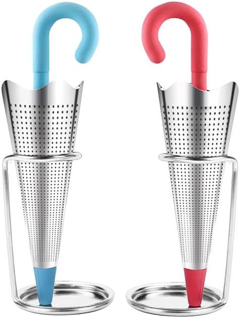 Numola 2Pcs Stainless Steel Fine Mesh Tea Infuser with Drip Tray for Tea Cups, Mugs, Teapots (Red & Blue)