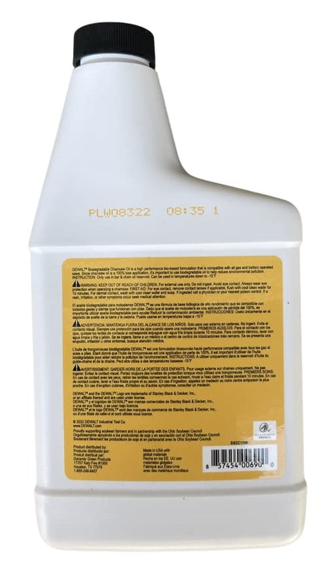 (16 oz 2)) DEWALT Biodegradable Bar & Chain Oil Green, Eco-Friendly, Non-Toxic Professional Bar & Chainsaw Lubricant