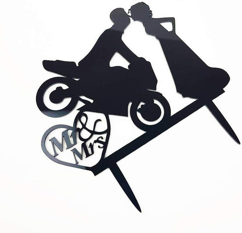 Motorcycle Funny Wedding Cake Topper - Mr & Mrs, Bride Groom with Motorbike (Black Acrylic)