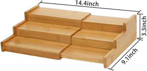 Lustiger Chef 3-Tier Countertop Spice Rack Organizer for Cabinet, Expandable Natural Bamboo Desk Shelf, Adjustable