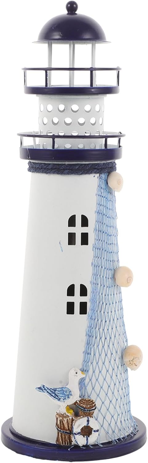 Ciieeo Lighthouse Candle Lantern, Iron Tealight Candle Holder Nautical Lighthouse Figurine for Coastal Table Decor