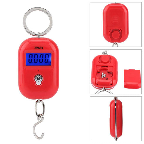 Mini Electronic Scale, Red Portable Fish Weighing Scale, 25Kg/5G Digital Pocket Key Chain Weight Hook for Kitchen