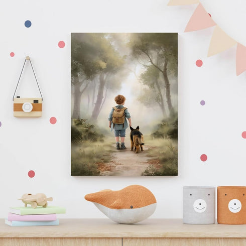 SKYSUKEY 16"x24" Boy and Dog Friend German Shepherd Dog Adventure Nursery Wall Decor, Outdoor Forest Nursery Wall Art