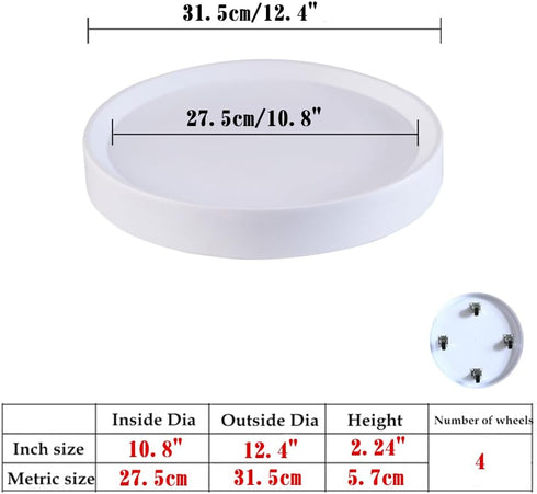 12.4inch 2Pack (12.4inch) Plant Caddy with Hidden Wheels White Round Rolling Plant Stands ,Mobile Tray Trolley