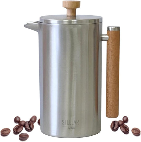 Stellar Living 34 OZ Stainless Steel French Press Coffee Maker, Double Vacuum Insulation, Matte Silver
