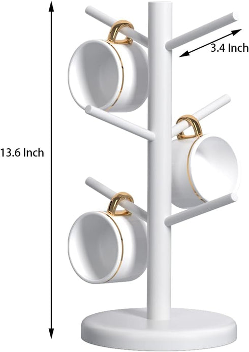 Mug Holder Tree, Coffee Bar Accessories, Wood Coffee Cup Rack with 6 Hooks for Countertop, White