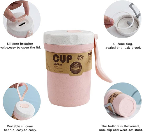 2PCS 300ml 2 LZYMSZ Wheat Straw Soup Cup, Portable Microwaveable Breakfast Cup, Colors Porridge Lunch Box with Spoon