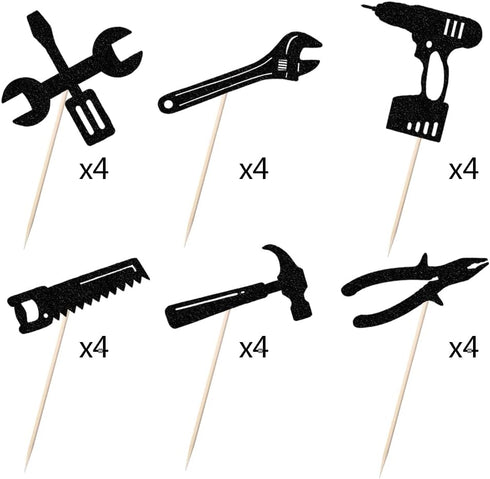 24PCS Tools Cupcake Topper, Construction Tools Cake Decorating for Boys & Men Birthday Party