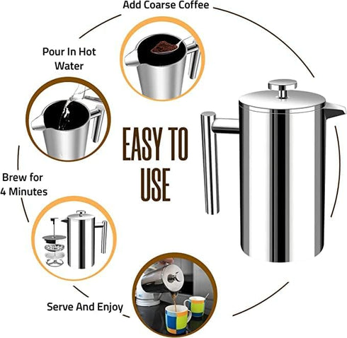Utopia Kitchen Stainless Steel French Press Coffee Maker, 17 Oz, Portable Travel Coffee Press, Silver