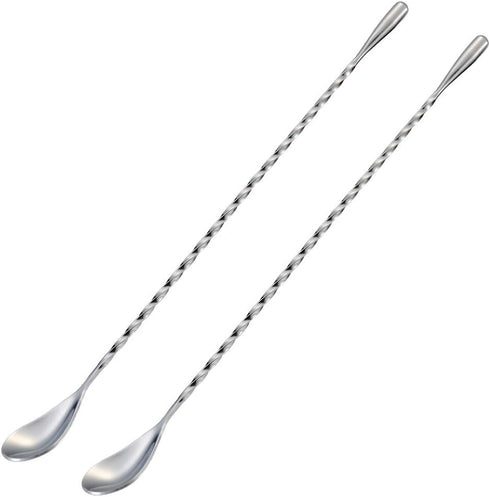 Briout Bar Spoon Cocktail Mixing Stirrers, Stainless Steel 12 Inches Long Handle, Silver 2 Pieces