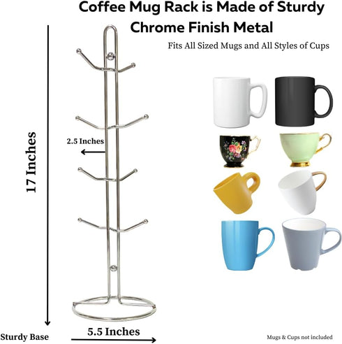 Evelots Countertop Coffee Mug Holder - Tea Cup Organizer Rack - Tree Hooks Hold 8 Large Mugs - Chrome - Coffee Bar Display Storage by Evelots