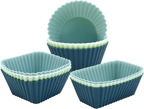 12 Pack Reusable Silicone Cupcake Baking Cups, Standard Round, Square & Rectangle Muffin Liners, Non-Toxic, BPA Free