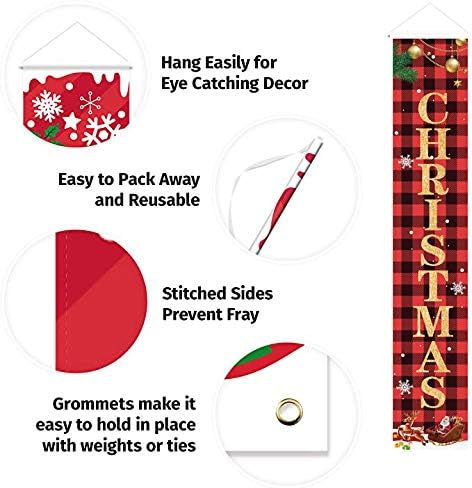 Christmas Decorations Merry Christmas Banner Decor, Happy New Year Plaid Porch Sign for Home Front Door Holiday Party